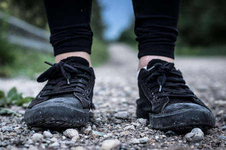 black,  sneakers,  shoes,  girl,  female,  stones,  ground,  close up,  fashion