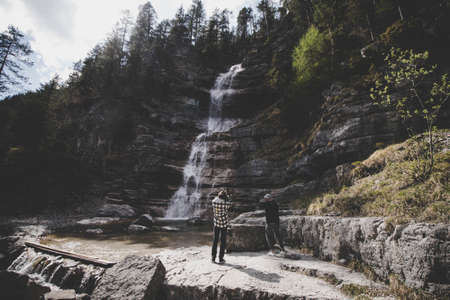 photographing,  waterfall,  mountain,  people,  man,  photographer,  river,  flow,  water,  rock, ...