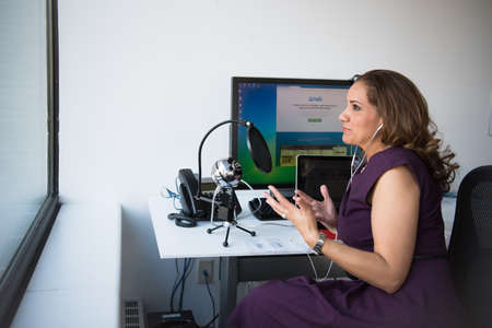 woman,  podcast,  microphone,  talking,  computer,  technology,  keyboard,  mouse,  desk,  office, ...