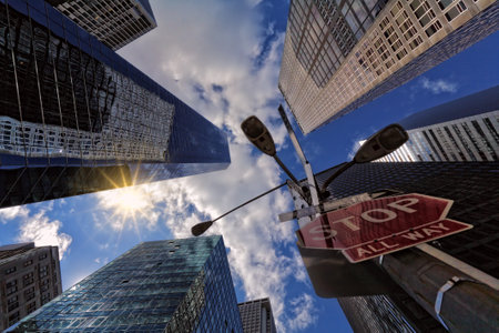 stop,  sign,  city,  skyscraper,  blue sky,  look up,  view,  urban,  glass,  reflection, ...