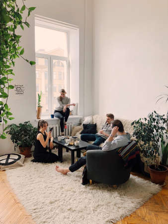 friends,  talking,  home,  house,  interior design,  man,  woman,  people,  smile,  mobile, ...