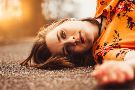 woman,  ground,  dress,  yellow,  flowers,  people,  person,  female,  girl,  helpless,  sunset, ...