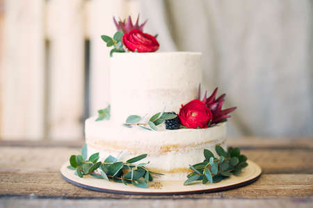white,  cake,  bakery,  red,  fruit,  cream,  layer,  plate,  wood,  table,  tasty,  food