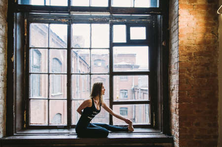 woman,  stretch,  window,  sill,  city,  yoga,  sport,  healthy,  fitness,  lycra,  brunette, ...