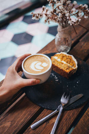 latte,  cake,  flowers,  coffee,  hand,  holding,  breakfast,  dessert,  restaurant,  silverware, ...