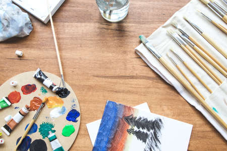 paint,  supplies,  desk,  art,  creative,  design,  flat lay,  woodgrain,  brush,  canvas,  acrylic,...