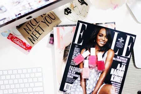 magazine, desk, flat lay, nail polish, office, computer, imac, keyboard, workspace, feminine, clean