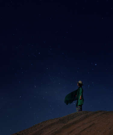 woman, stars, sky, night, nature, outdoors, sand, constellations, alone