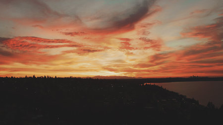 aerial,  city,  sunset,  drone,  sky,  clouds,  dusk,  evening,  water,  seattle