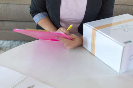 clipboard,  hand,  pen,  worker,  person,  female,  box,  shipping,  checklist,  professional, ...