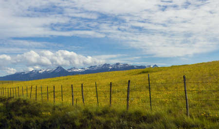 meadow,  landscape,  field,  prairie,  fence,  rural,  sky,  clouds,  mountains,  nature,  grass, ...