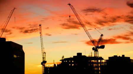 cranes,  construction,  sky,  sunrise,  sunset,  silhouette,  colorful,  clouds,  buildings,  city, ...