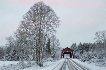 covered,  bridge,  winter,  tree,  road,  nature,   snow,   old,   red,   sky,   wood,   cold,  ...