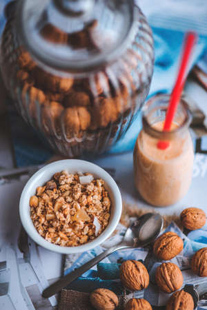 Muesli in the white bowl