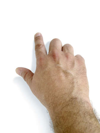 Male hand with finger pointing down on something.