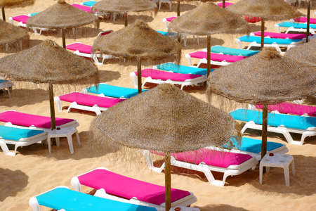 Photo of colorful beach sun-shades and deck-chairsの写真素材