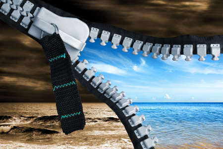 Bad weather turns good just by opening a zipperの写真素材