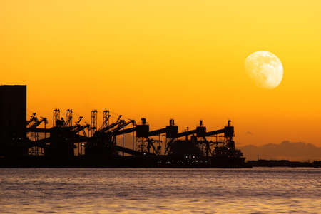 Sunset with silhouettes of cranes in a cereal cargo portの写真素材