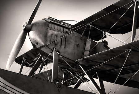 Detail of a old biplane from the nineteen-twenties in sepia toneの写真素材