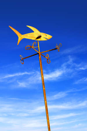 Golden weather vane with shark figure over cloudy blue skyの写真素材