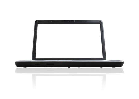 Opened laptop pc with blank screen isolated in white backgroundの写真素材