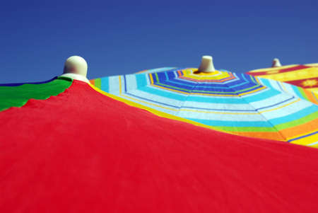 Detail of colorful sunshades in the beach on a sunny summer dayの写真素材