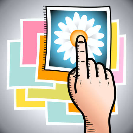 illustration of a hand with finger poiting to a photo of a flowerのイラスト素材