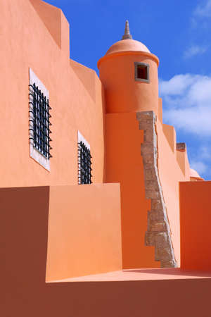 Detail of a renewed military fort with sentry box under sunlightの写真素材