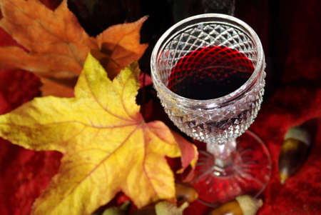 Vintage red wine glass and bottle with fall leaves and beechnutsの写真素材