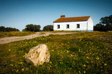 Little white rural house abandoned in the countryside with a rock in the foregroundの写真素材