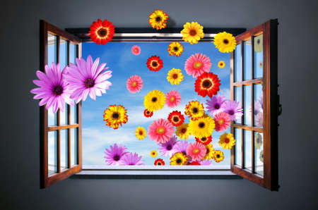Conceptual Spring image with many colorful flowers entering through an open window