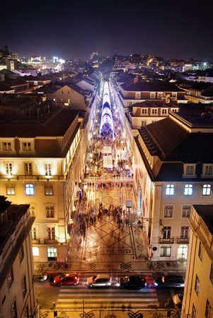 Beautiful nightime view of old downtown in the city of Lisbon, Portugalのeditorial素材