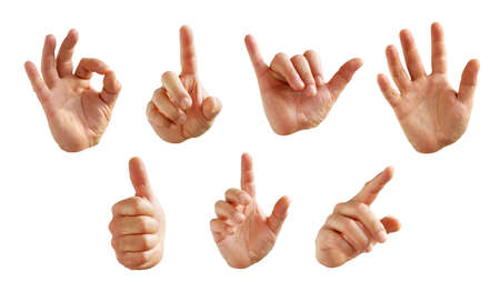collection of seven male hand signs isolated in white backgroundの写真素材