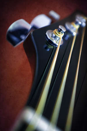 Closeup detail on an acoustic guitar head stock and metallic chordの写真素材