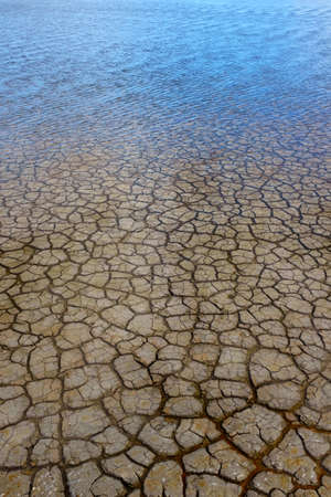 Background of cracked dry land covered with a thin layer of waterの写真素材