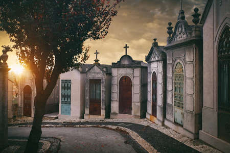 Row of family crypts at sunset in Prazeres Cemetery in Lisbon, Portugal