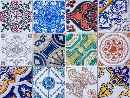 Assorted typical Portuguese tiles for sale in a handicraft store in Sintraの写真素材