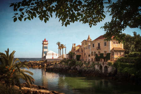 Sta Marta Lighthouse in the lanscape of Cascais, Portugalのeditorial素材