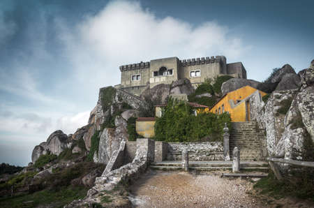 View of Peninha Sanctuary in a high hill of Sintra mountain range in Portugalのeditorial素材