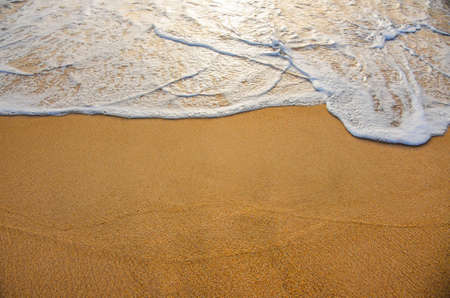 Golden sand with ocean water foam in the sea shore of a beachの写真素材