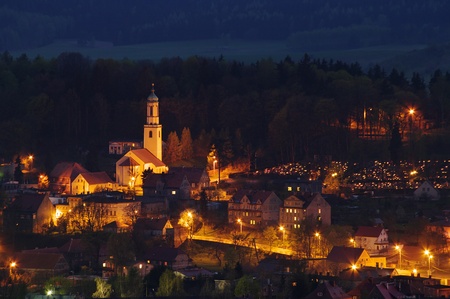 Little polish village in the hills during the twilightの写真素材