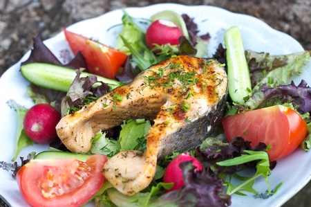 Grilled salmon on vegetablesの写真素材