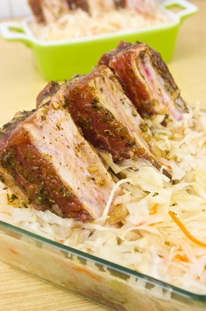 Traditional spare ribs baked in sauerkrautの写真素材