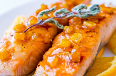 Salmon with orange and mint sauce の写真素材