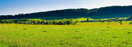 Fresh spring panorama with villageの写真素材