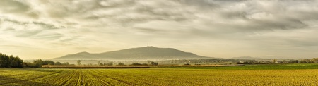 Panorama with field and famous Sleza Mountain, Polandの写真素材