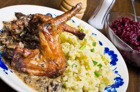 Rabbit in mushroom sauce with beetroots and potato pureeの写真素材