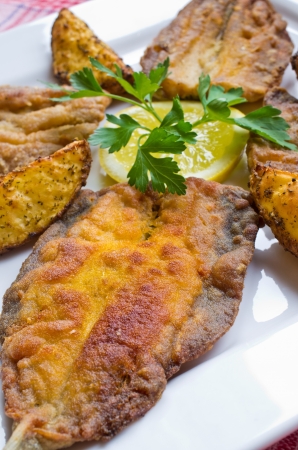 Traditional fried herrings with baked potatoesの写真素材