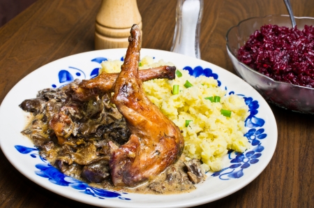 Rabbit in mushroom sauce with beetroots and potato pureeの写真素材