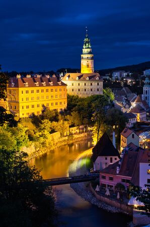 Vertical night scene in Cesky Krumlov with castle and riverのeditorial素材